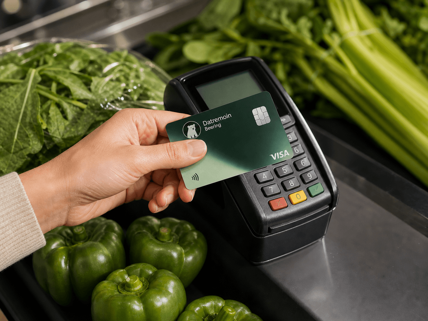 Debit card used at a grocery checkout terminal