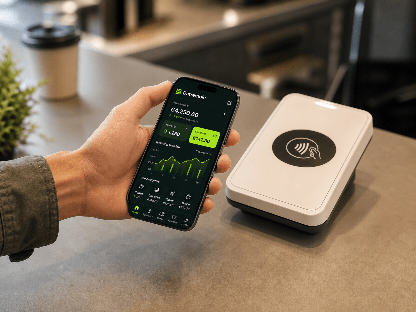 Phone held beside a contactless payment terminal
